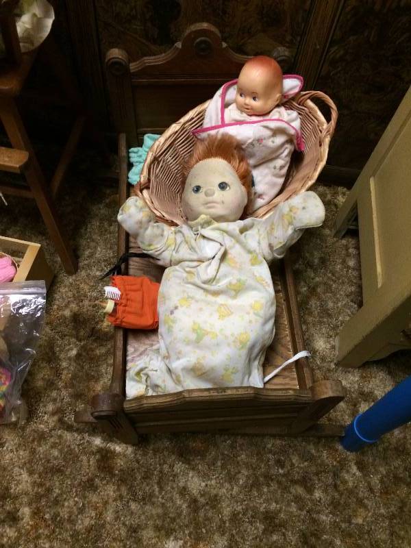 ANTIQUE CRIBS, HIGHCHAIR &amp DOLLS - THESE ARE OLD &amp HAVE BEEN TUCKED AWAY - EXPECT WEAR, STAINS ETC