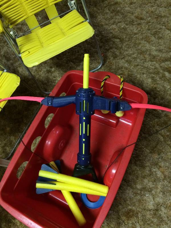 KIDS LAWN CHAIRS WITH SLED &amp $$$ VINTAGE NERF BOW &ampARROW WORKS YES WE DID DO SOME TARGET PRACTICE