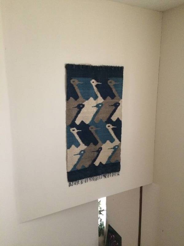 lot 16 image: FANTASTIC PERUVIAN WALL TAPESTRY RUG - MEASUREMENTS TO COME - MUST BRING LADDER TO REMOVE FROM WALL