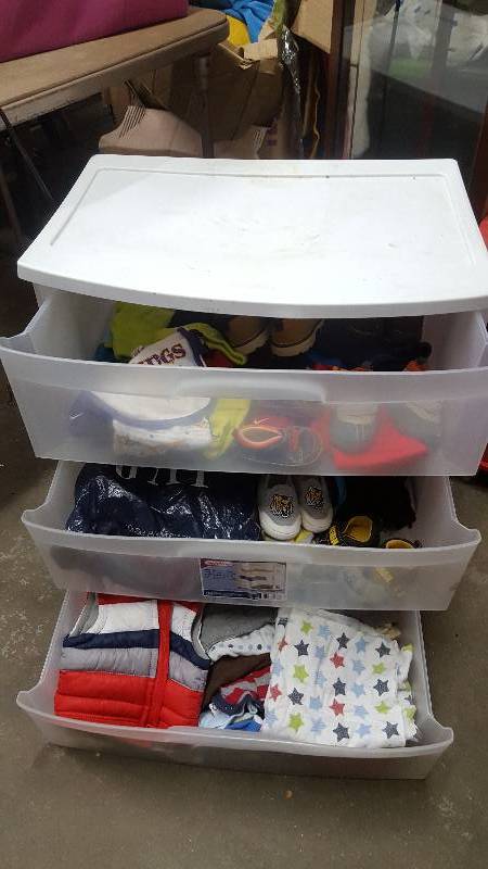 lot 34 image: 3-Drawer Organizer Full Of Baby Boy Onesies, Hats, Shoes, Socks, Bottles