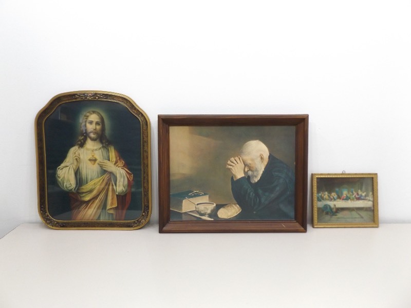 lot 27 image: 3 Vintage Wood Framed Religious Art Pieces
