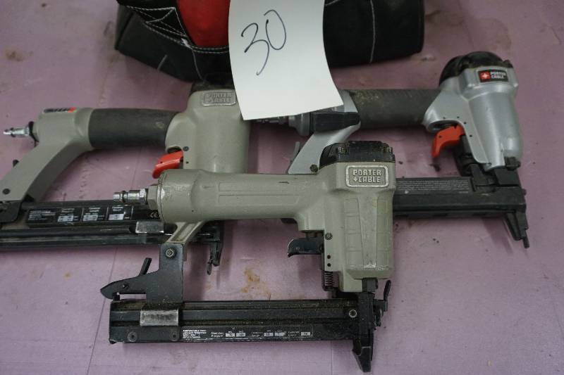 lot 30 image: Lot of 3 Porter Cable Pneumatic Nail Guns With Case