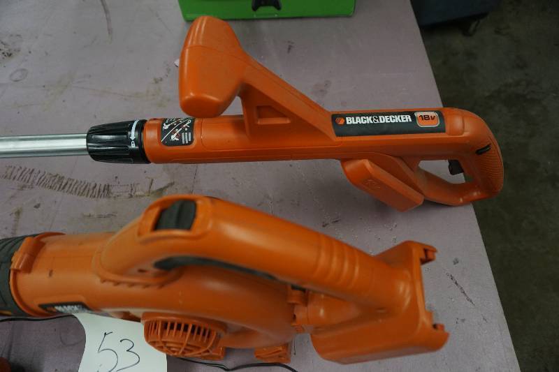 lot 53 image: Black & Decker 18V Leaf Blower and Weed Trimmer With Charger and Battery