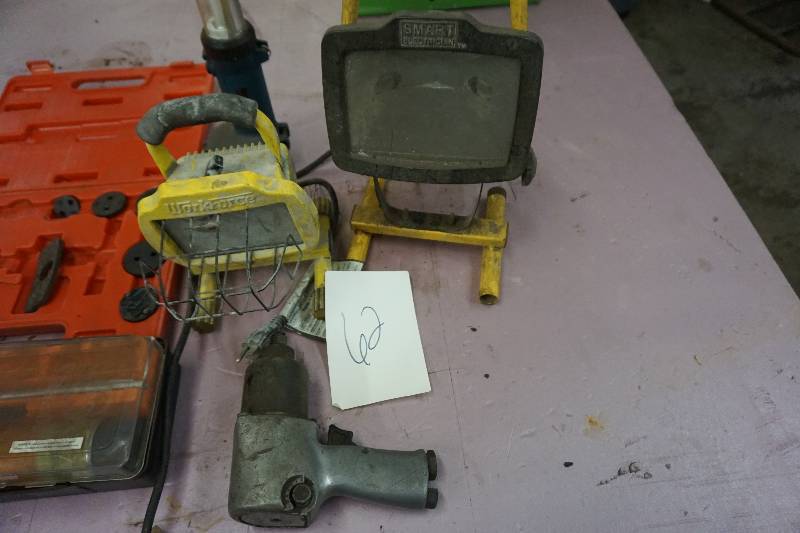 lot 62 image: Shop Lights, With Pneumatic Impact Wrench, Gun Cleaning Kit and Partial Brake Caliper Tool Set