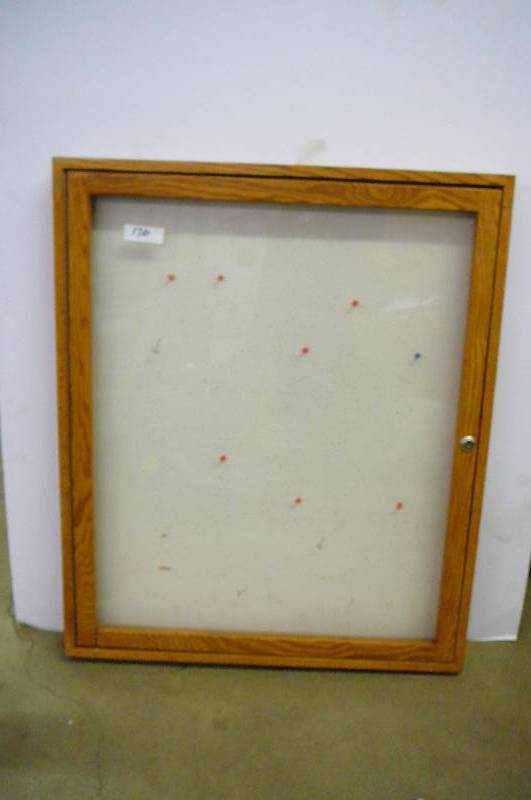 Oak Bulletin Board with doors no key 36 x 30 x 2 12