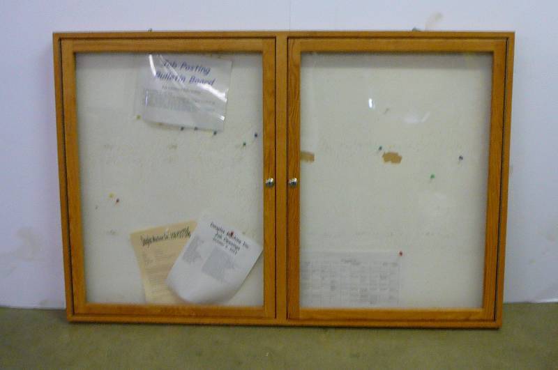 Oak Bulletin Board with doors no key 54 x 36 x 2 12