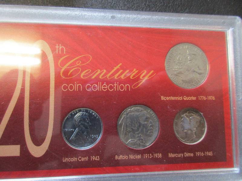 20th Century Coin Collection - Lincoln Cent 1943, 1935 Buffalo Nickel, 1939 Mercury Dime (90% Silver), Bicentennial Quarter 1776-1976 - Silver