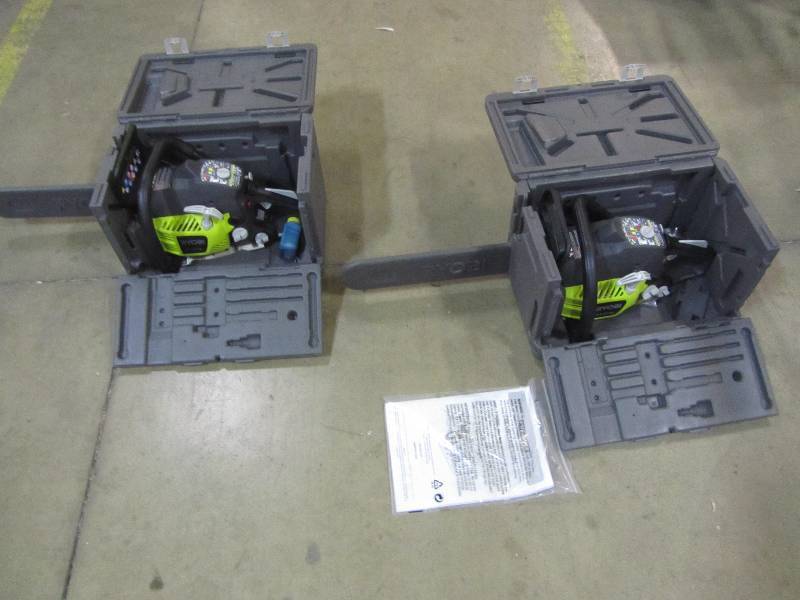 lot 32 image: Ryobi 16 in. 37cc 2-Cycle Gas Chainsaw with Heavy Duty Case (x2)