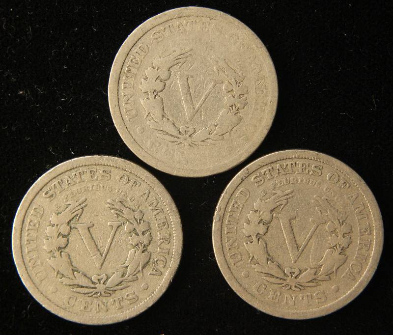 3 LIBERTY V NICKELS 1903, 1905, 1910 G-VG