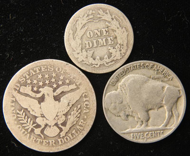 GROUP OF 3 COINS BARBER 25C, 10C & BUFFALO 5C