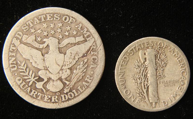 2 SILVER COINS 1908-O BARBER 25C, 1937 MERCURY 10C