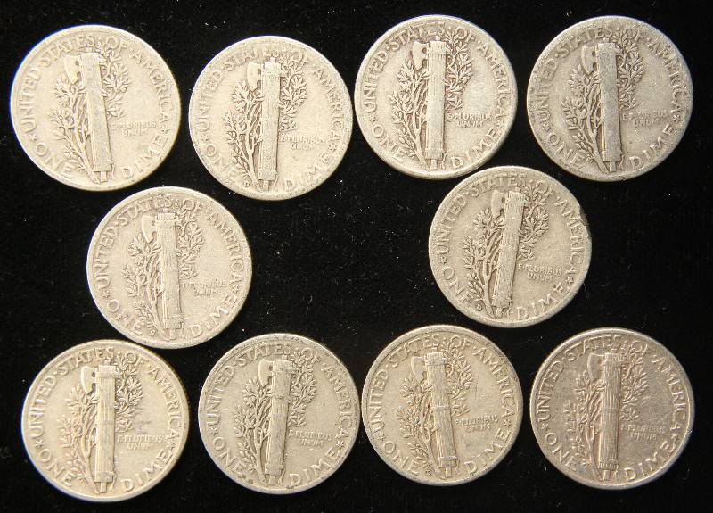 GROUP OF 10 US MERCURY SILVER DIMES