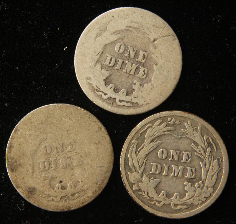 3 SILVER BARBER DIMES AS PICTURED AG-VG