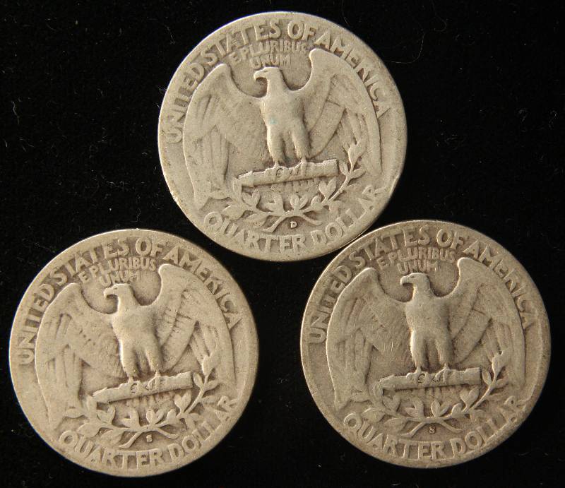 3 SILVER WASHINGTON QUARTERS  1942-D, 1943-S, 1944-S
