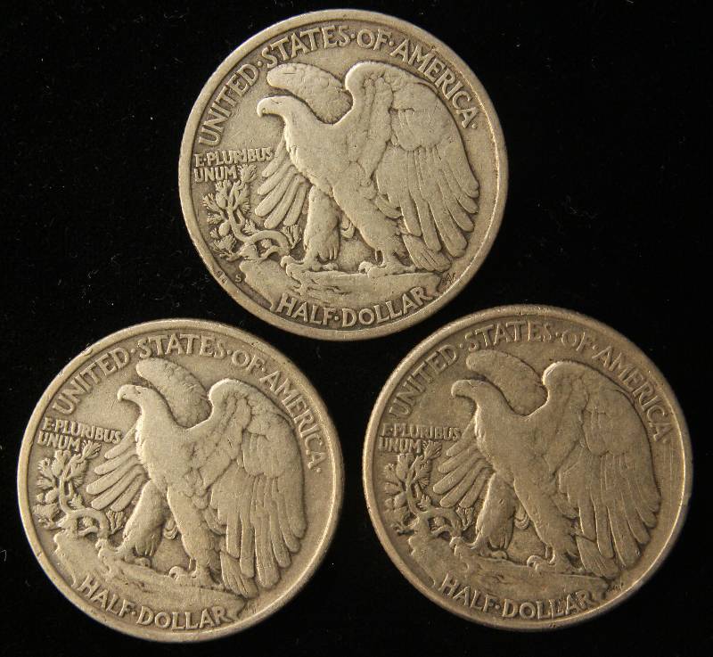3 SILVER WALKING LIBERTY HALF DOLLARS 1942-S, 1943, 1945