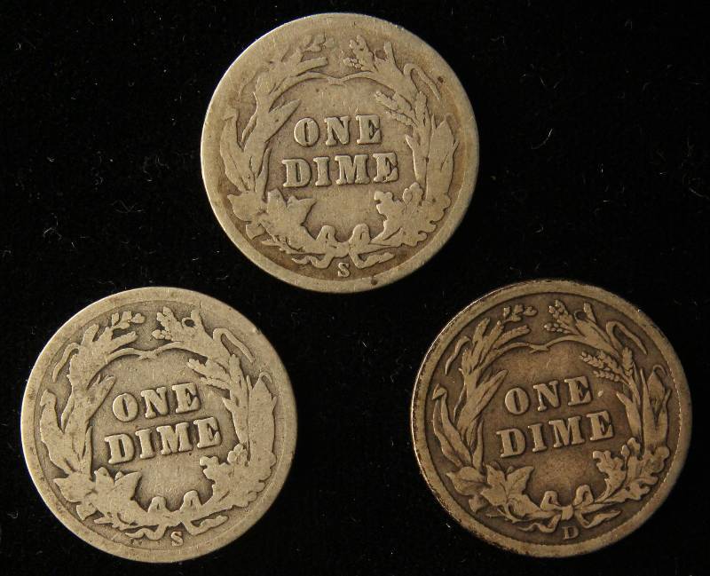 3 SILVER BARBER DIMES 1909-S, 1910-S, 1912-D