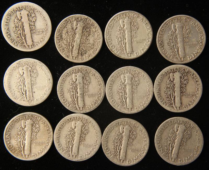GROUP OF 12 US MERCURY SILVER DIMES F-VF