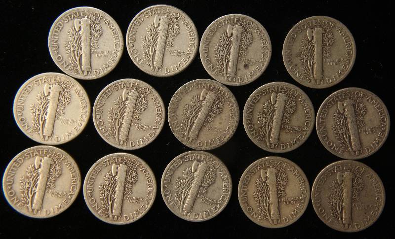 GROUP OF 14 US MERCURY SILVER DIMES F-VF
