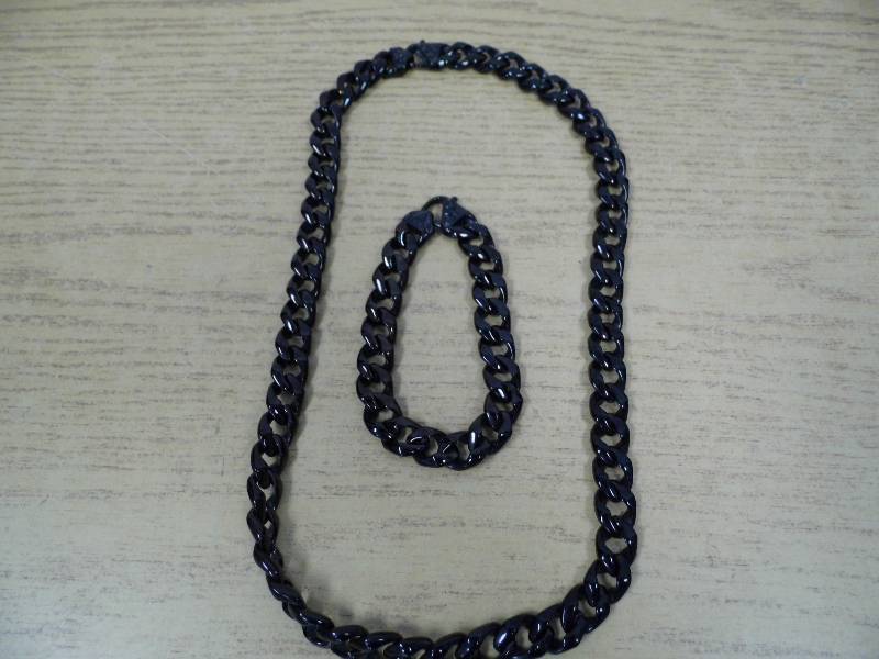 Mens Black Steel Curb Necklace & Bracelet