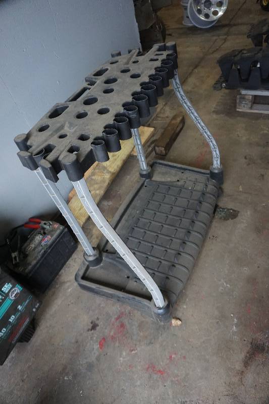 lot 76 image: Wheeled Plastic Long Handle Tool Storage OrganizerCart