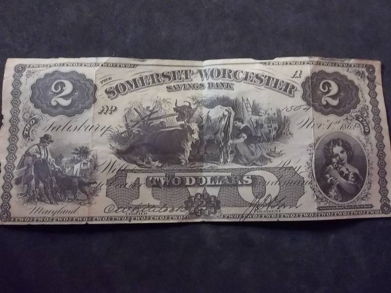 2-Dollar Confederate Currency From Somerset & Worchester Bank Maryland Nov. 1, 1862