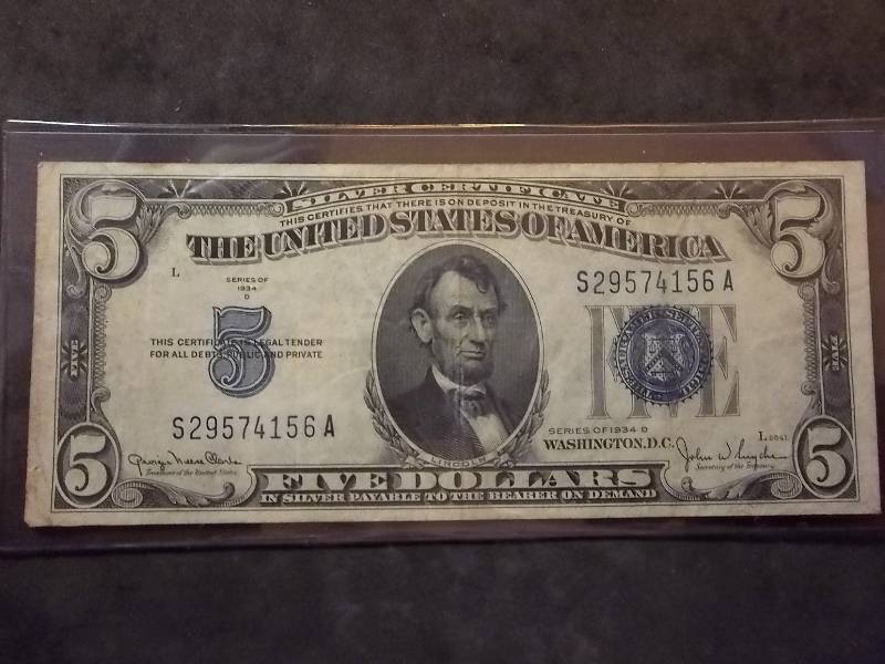 5 Dollar US Silver Certificate Series 1934 C Blue Seal