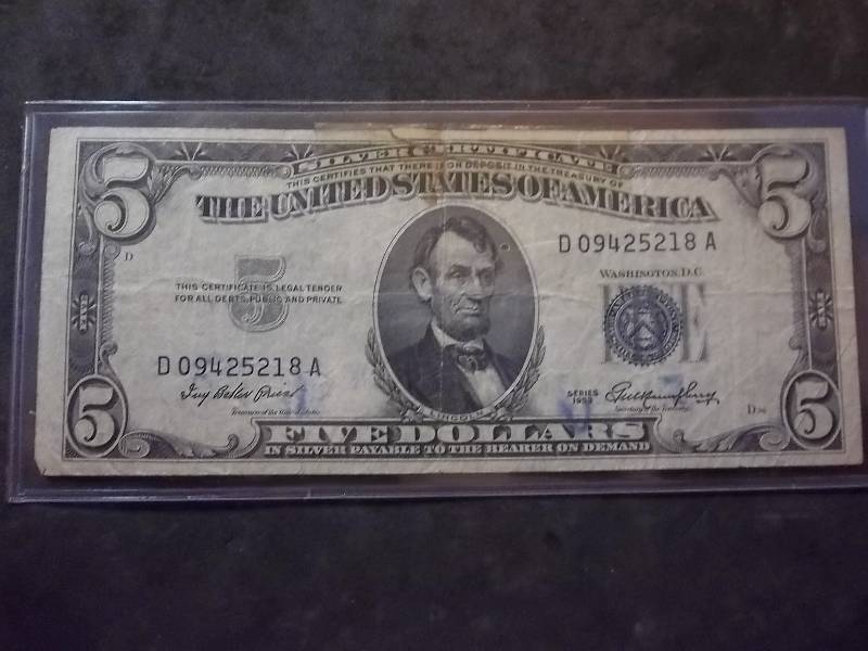 5 Dollar US Silver Certificate Series 1953 Blue Seal