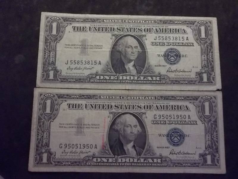 2 US One Dollar Silver Certificates 1957 Series