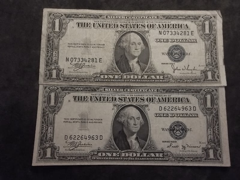 2 US One Dollar Silver Certificates 1935B  & C Series
