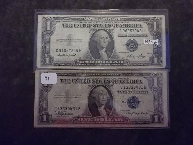 2 US One Dollar Silver Certificates 1935E & 1935A Series