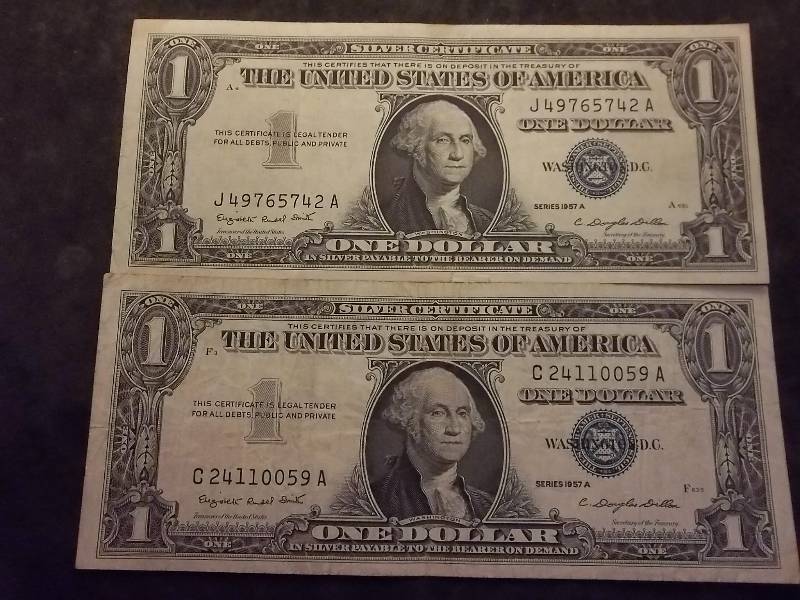 2 US One Dollar Silver Certificates 1957A Series