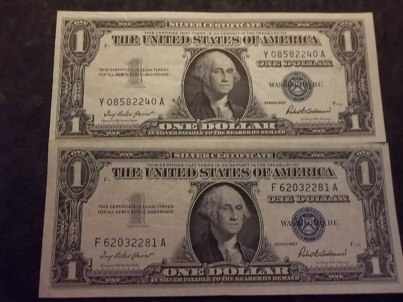 2 US One Dollar Silver Certificates 1957 Series