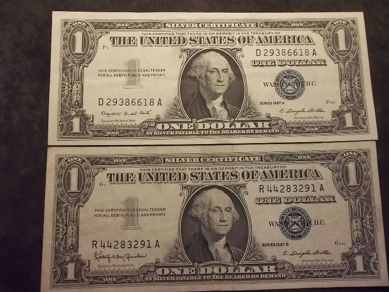2 US One Dollar Silver Certificates 1957A & B Series