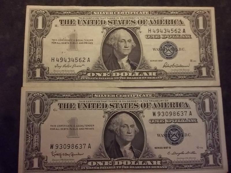 2 US One Dollar Silver Certificates 1957 & B Series