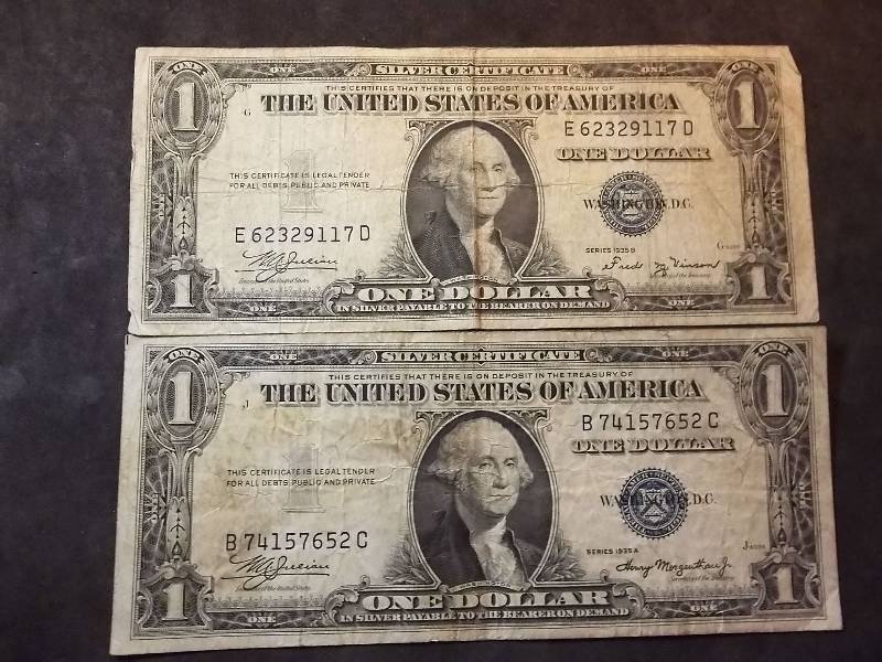 2 US One Dollar Silver Certificates 1935 A & B Series