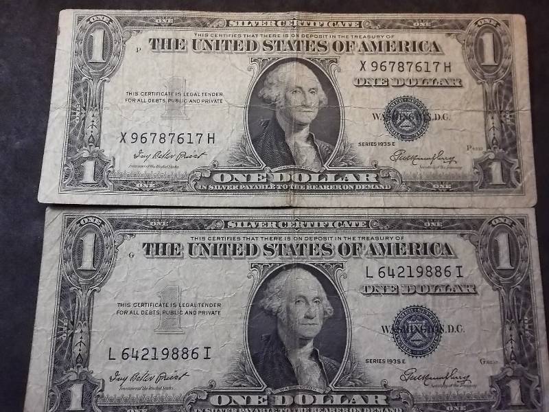 2 US One Dollar Silver Certificates 1935 E  Series