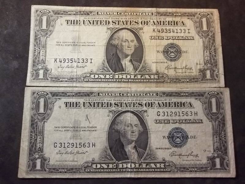 2 US One Dollar Silver Certificates 1935 E  Series