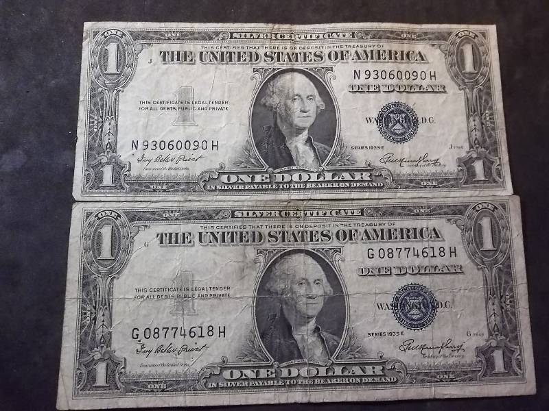 2 US One Dollar Silver Certificates 1935 E  Series