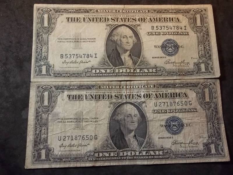 2 US One Dollar Silver Certificates 1935 E  Series