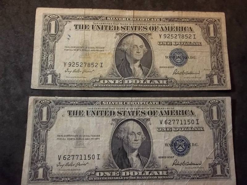 2 US One Dollar Silver Certificates 1935 F  Series