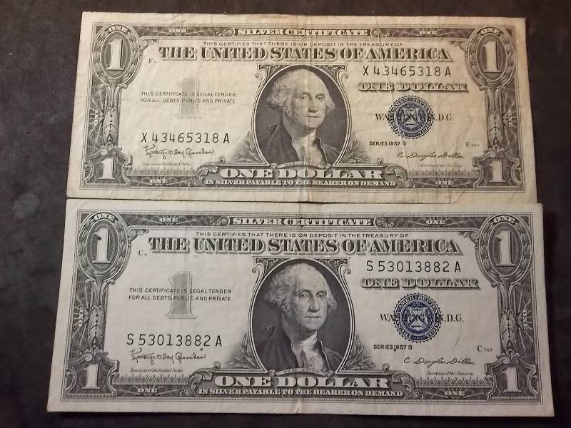 2 One Dollar Silver Certificates Series 1957 B