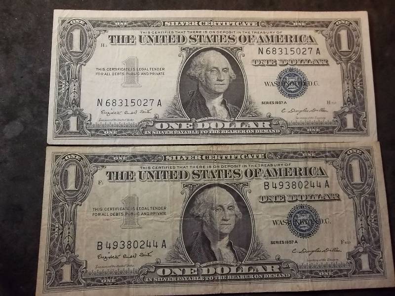 2 One Dollar Silver Certificates Series 1957A