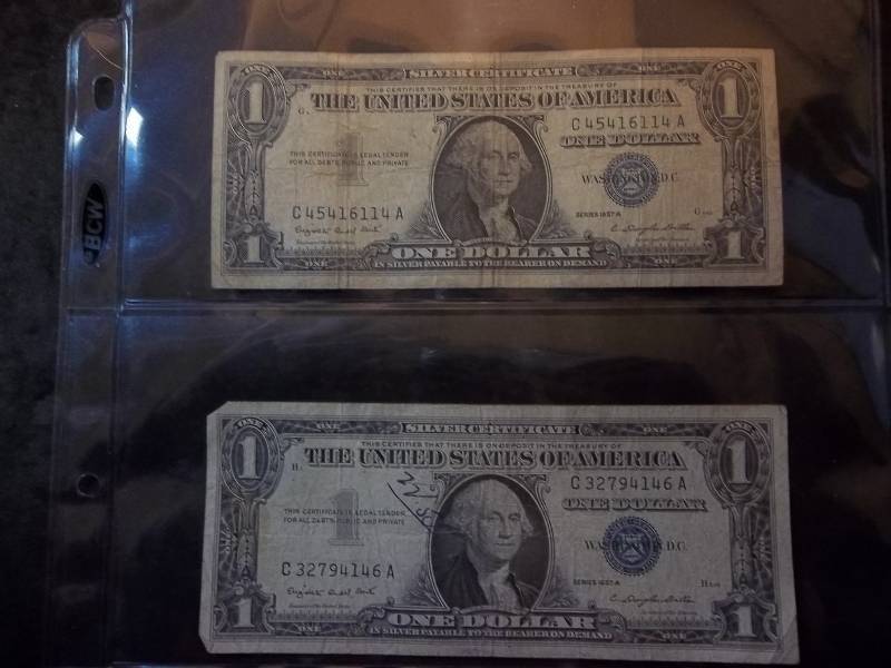 2 One Dollar Silver Certificates Series 1957A