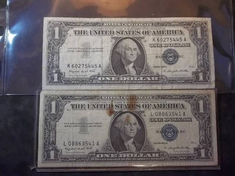 2 One Dollar Silver Certificates Series 1957A