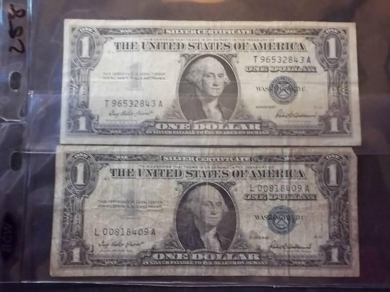 2 US One Dollar Silver Certificates 1957 Series