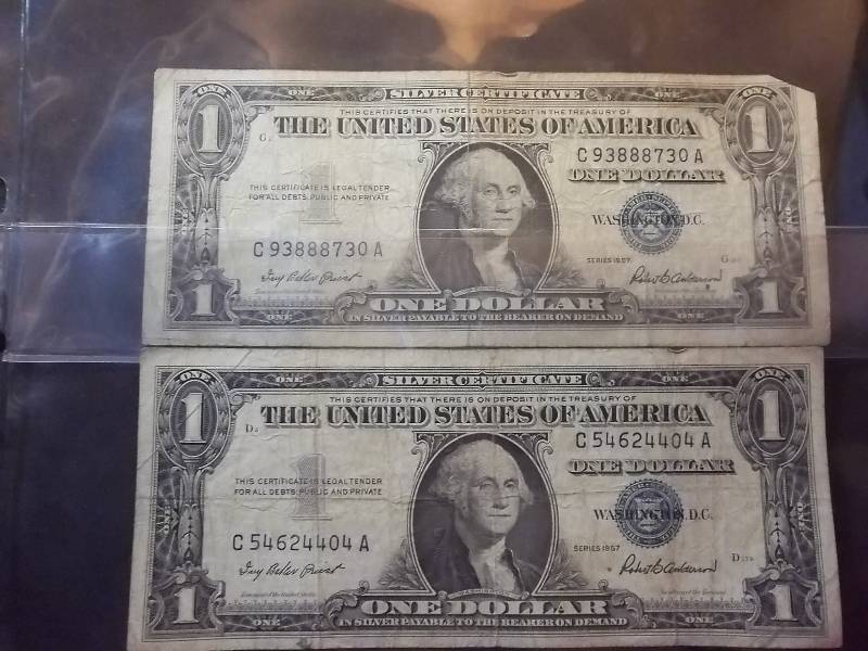 2 US One Dollar Silver Certificates 1957 Series