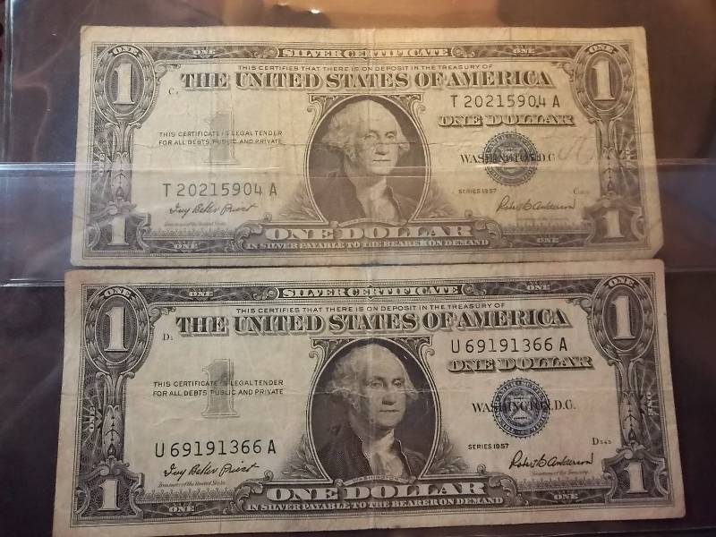 2 US One Dollar Silver Certificates 1957 Series