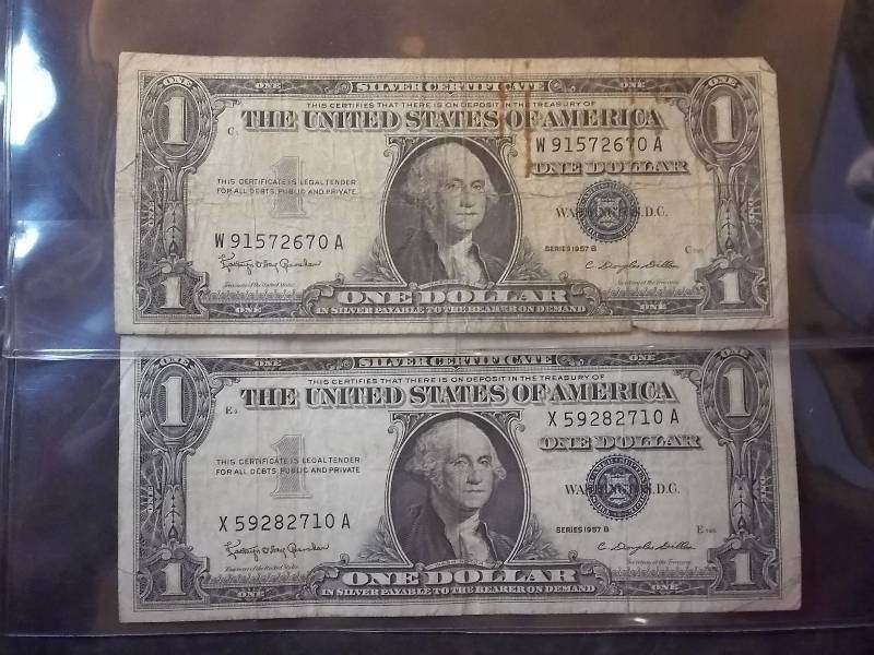 2 One Dollar Silver Certificates Series 1957 B