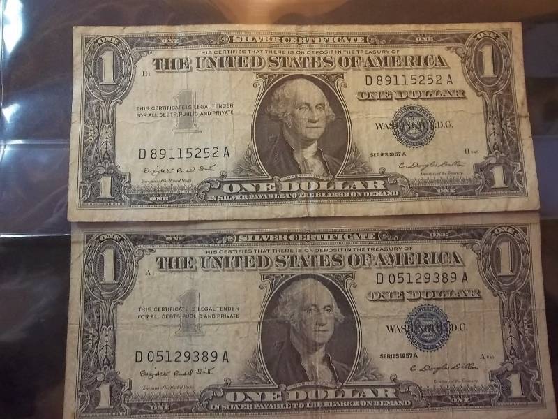 2 One Dollar Silver Certificates Series 1957 A