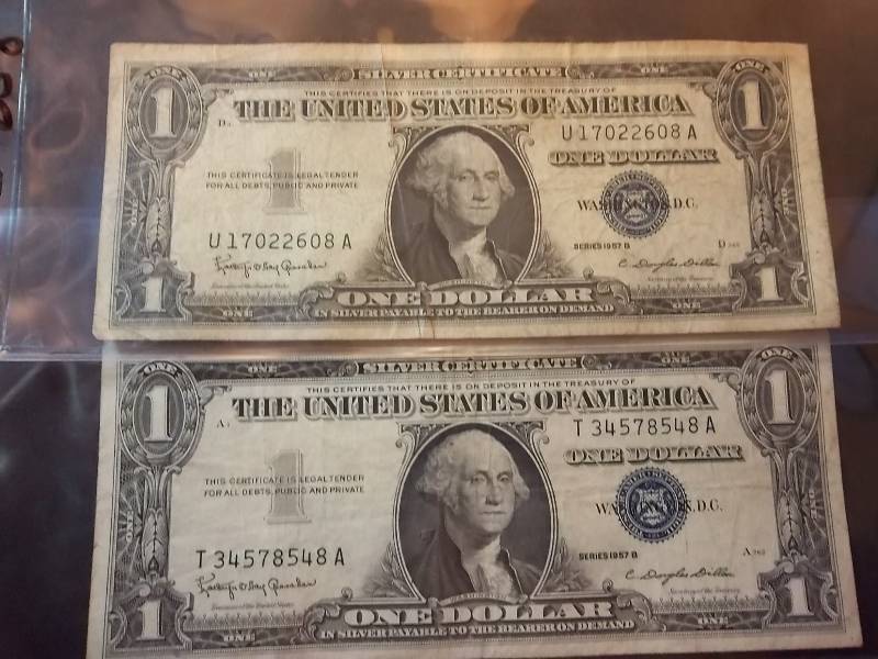 2 One Dollar Silver Certificates Series 1957 B